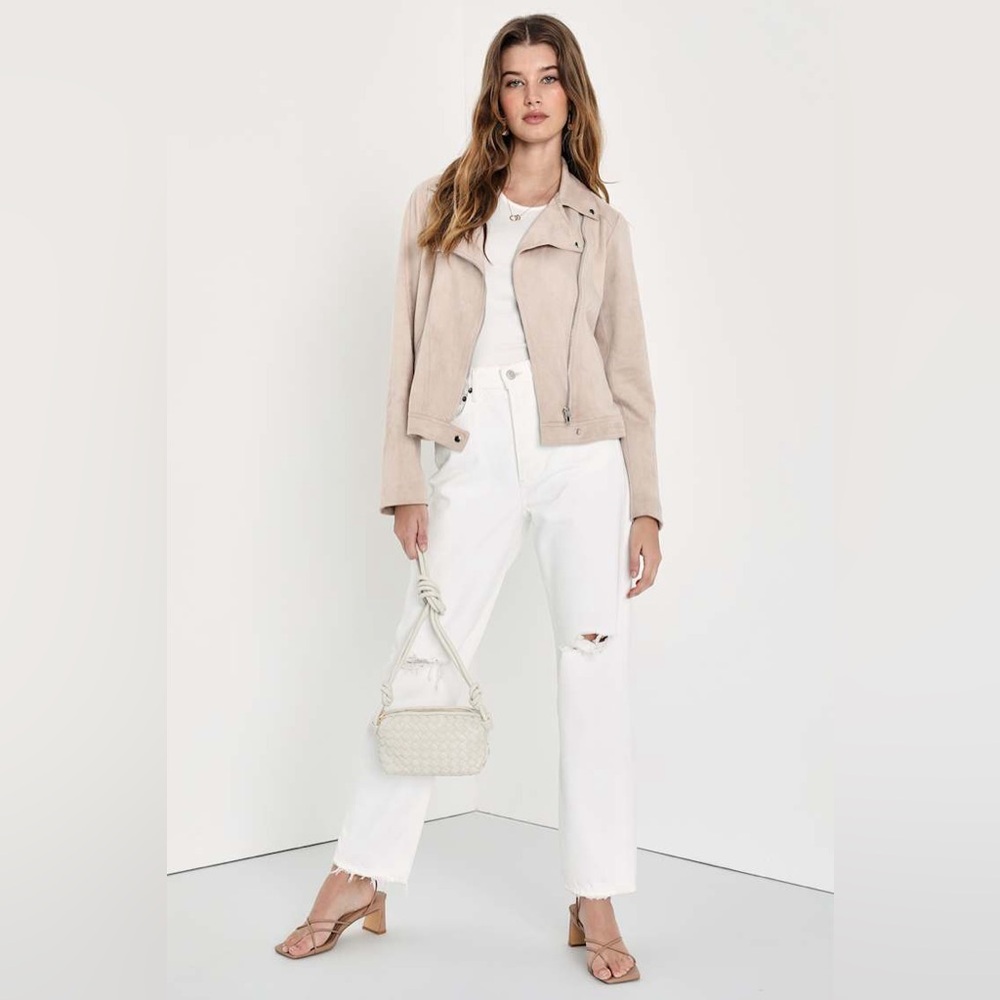 Lulus Edgy Attitude Taupe Vegan Suede Moto Jacket
